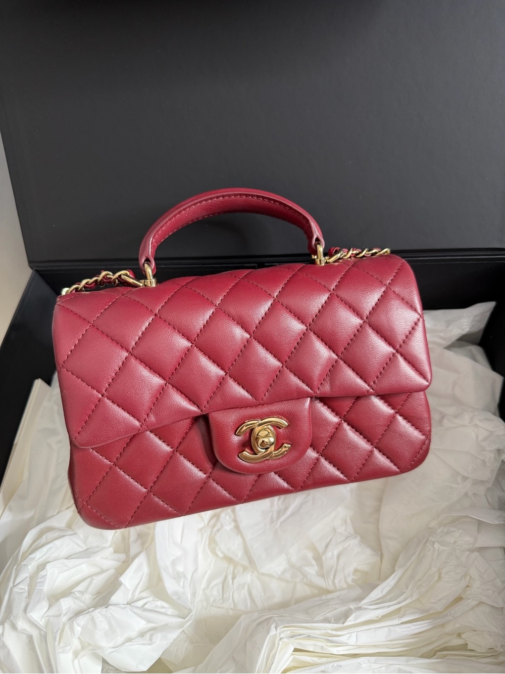 CHANEL Quilted Top Handle Mini Lambskin in Burgundy with Gold Hardware